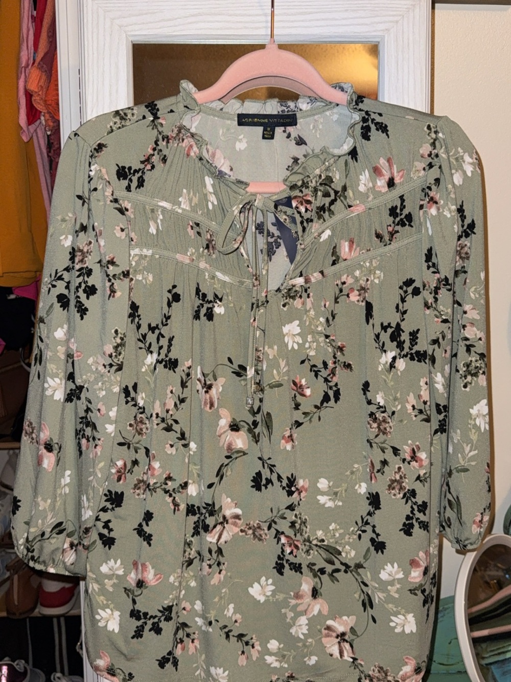 Adrienne Vittadini Sage Green Floral Tie-Neck Blouse